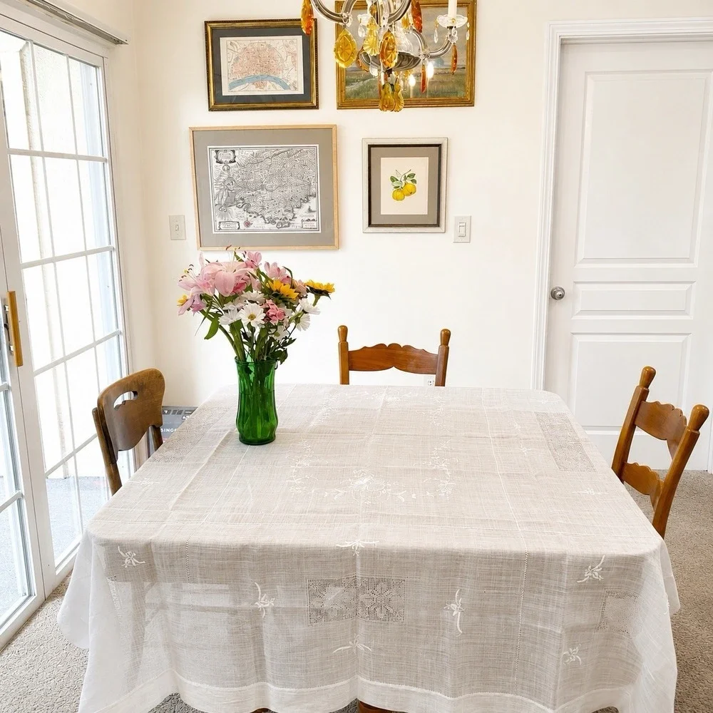 Vintage Handmade Linen Tablecloth 80x62 Floral Embroidered Drawnwork Shabby Chic